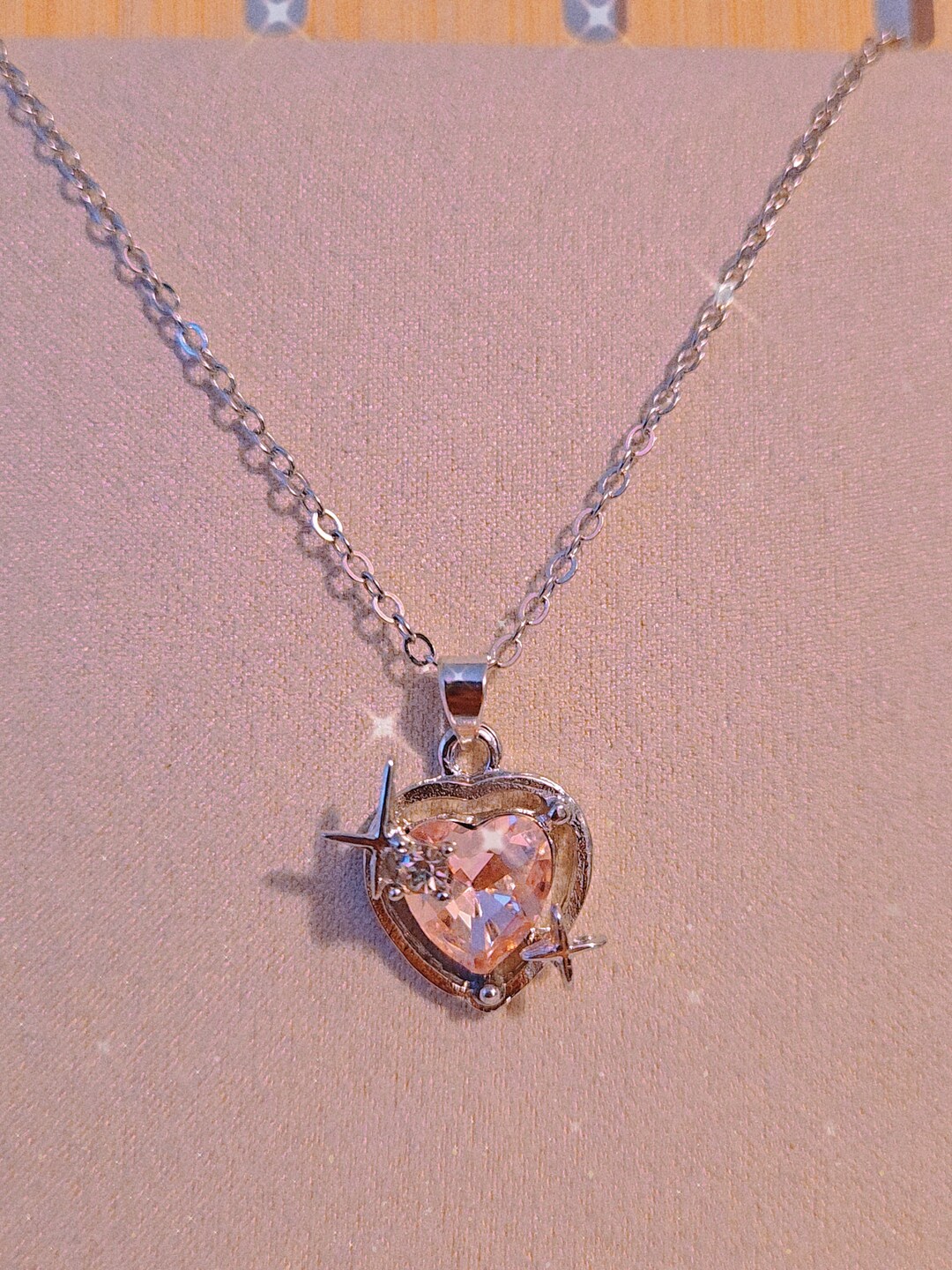 Pink Heart Necklace, Cupid Heart Sparkle Grunge Rhinestone