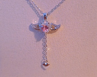 Pink Heart Necklace, wings Rhinestone Necklace, Coquette Necklace Jewelry