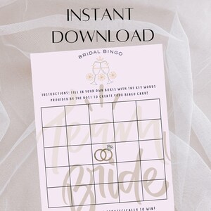 Bridal Bingo, Gry na wieczór panieński, Gry drużynowe dla panny młodej, Gry na wieczór panieński, Gry na wieczór panieński, Natychmiastowe pobieranie, Pobieranie cyfrowe, Gra w bingo