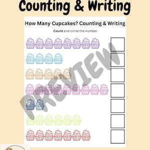 Cupcake Counting Worksheet, Preschool Counting and Writing Numbers, Kindergarten Math Printable, How Many Cupcakes Activity