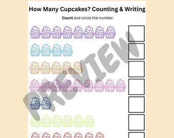 Cupcake Counting Worksheet, Preschool Counting and Writing Numbers, Kindergarten Math Printable, How Many Cupcakes Activity