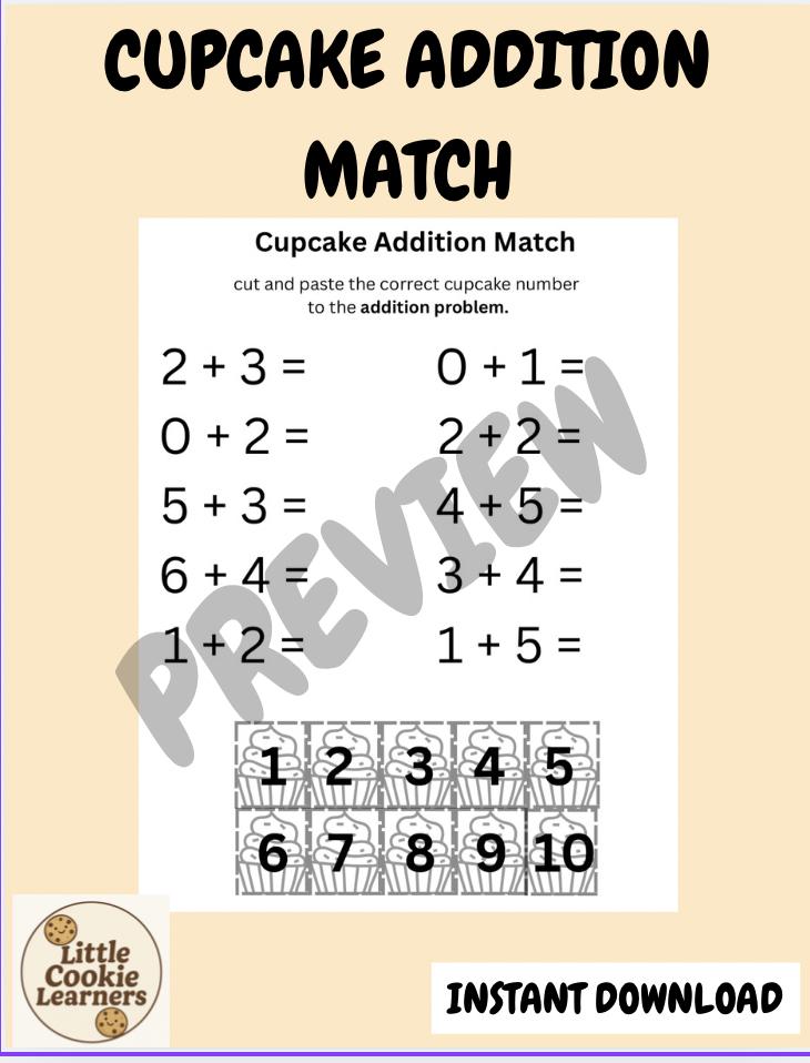 Cupcake Addition Cut and Paste Worksheet, Kindergarten Math Printable ...