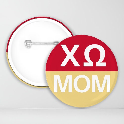Chi Omega Mom pin-back button | Game Day Pin | Red and Gold | Sorority Pinback Button