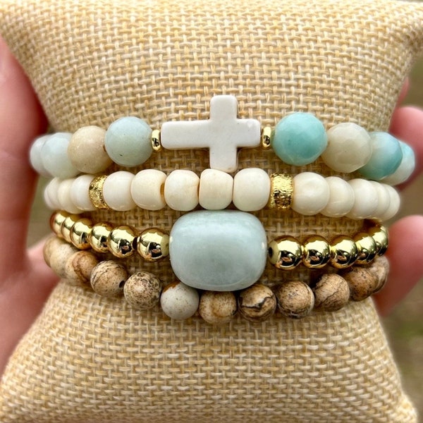 The Cross Stack | Christian Bracelets | Personalized Bracelets | Beaded Bracelet Stack | Gemstone Bracelets | Customized | Gifts For Women