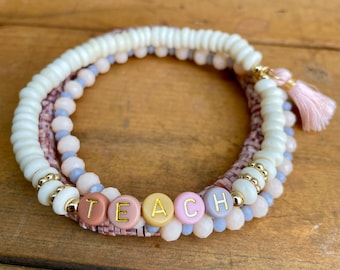 Pastel Teacher Bracelet Stack | Teach Stretch Beaded Bracelet | Teacher Gift | Personalized Name Bracelet | Heishi Bracelet | Teach Bracelet