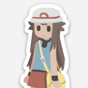 May include: A cartoon illustration of a girl wearing a white and red hat, a blue shirt, a red skirt, and a yellow bag. She has brown hair and brown eyes.
