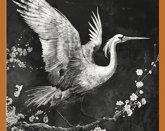 May include: Monochrome illustration of a crane with open wings, resting on a branch adorned with white flowers. The image has a vintage feel, set against a dark backdrop with a brown border.