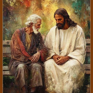 Jesus and the Elder Divine Companionship, Vintage Oil Style Christian Wall Art Print, Catholic Wall Art, Printable Wall Art