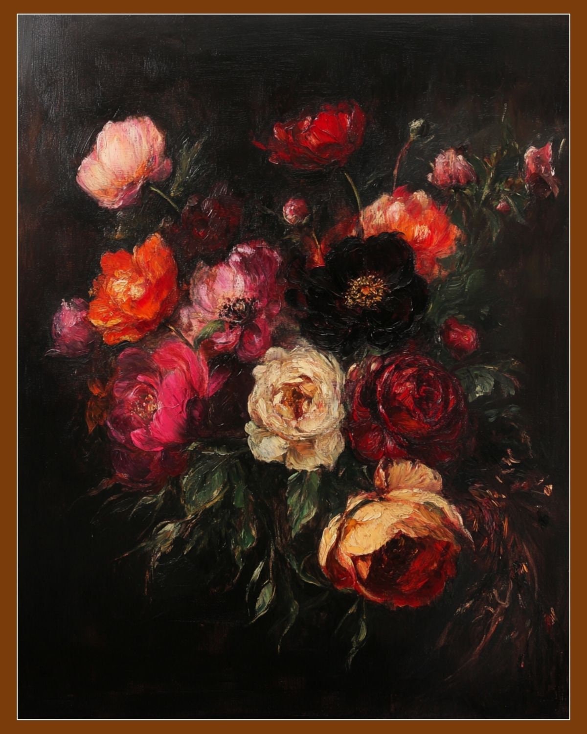 Dark Floral Oil Painting: Rich Textured Bouquet of Roses Art Print ...