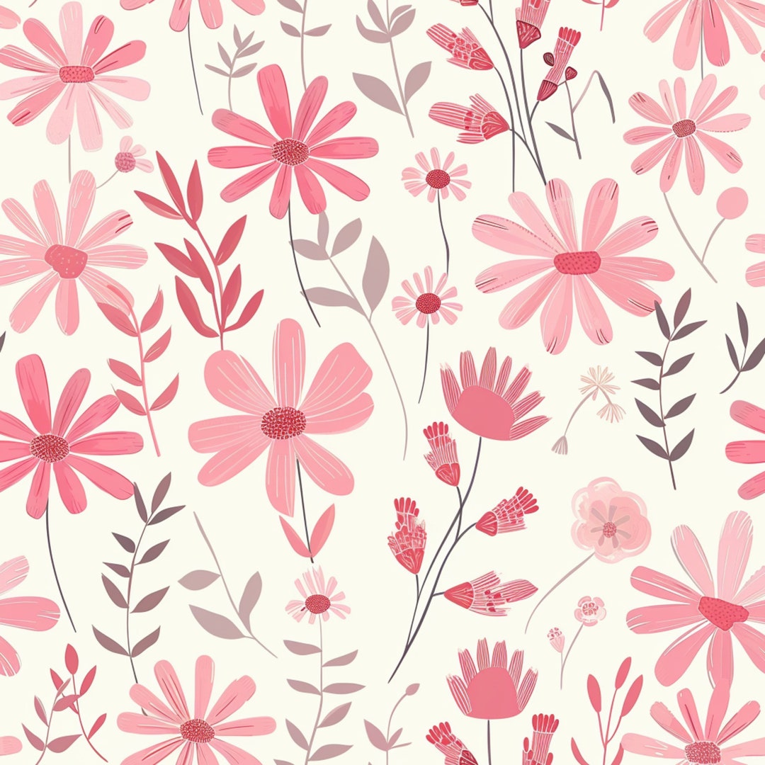 Pink Flower Pattern Back Retro Floral Seamless Pattern, Pink Flower Background (digital Paper ...