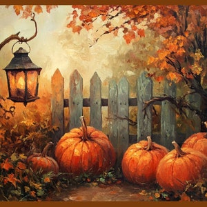 Puede incluir: Una pintura que representa una escena de otoño rústica con una valla de madera, una linterna y calabazas. Las calabazas son de color naranja y amarillo y están dispuestas delante de la valla. La linterna está colgada de una rama y está encendida. El fondo es una imagen borrosa de árboles y hojas.