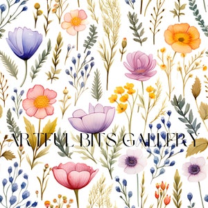 Pode incluir: Padrão floral em aquarela com flores rosa, laranja, roxas e amarelas, e folhagem verde sobre fundo branco. O texto "ARTFUL BITS GALLERY" é exibido na parte inferior.
