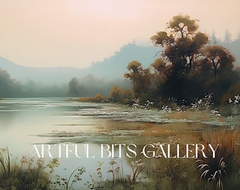 Muted Riverside Landscape Painting, Vintage Farmhouse Decor (Digital Download)