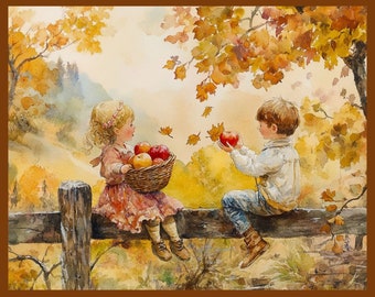 May include: Watercolor painting of two children on a wooden fence in an autumn scene. A girl in a pink dress holds a basket of apples, while a boy in a white jacket catches a falling apple. The background features trees with yellow and orange leaves.