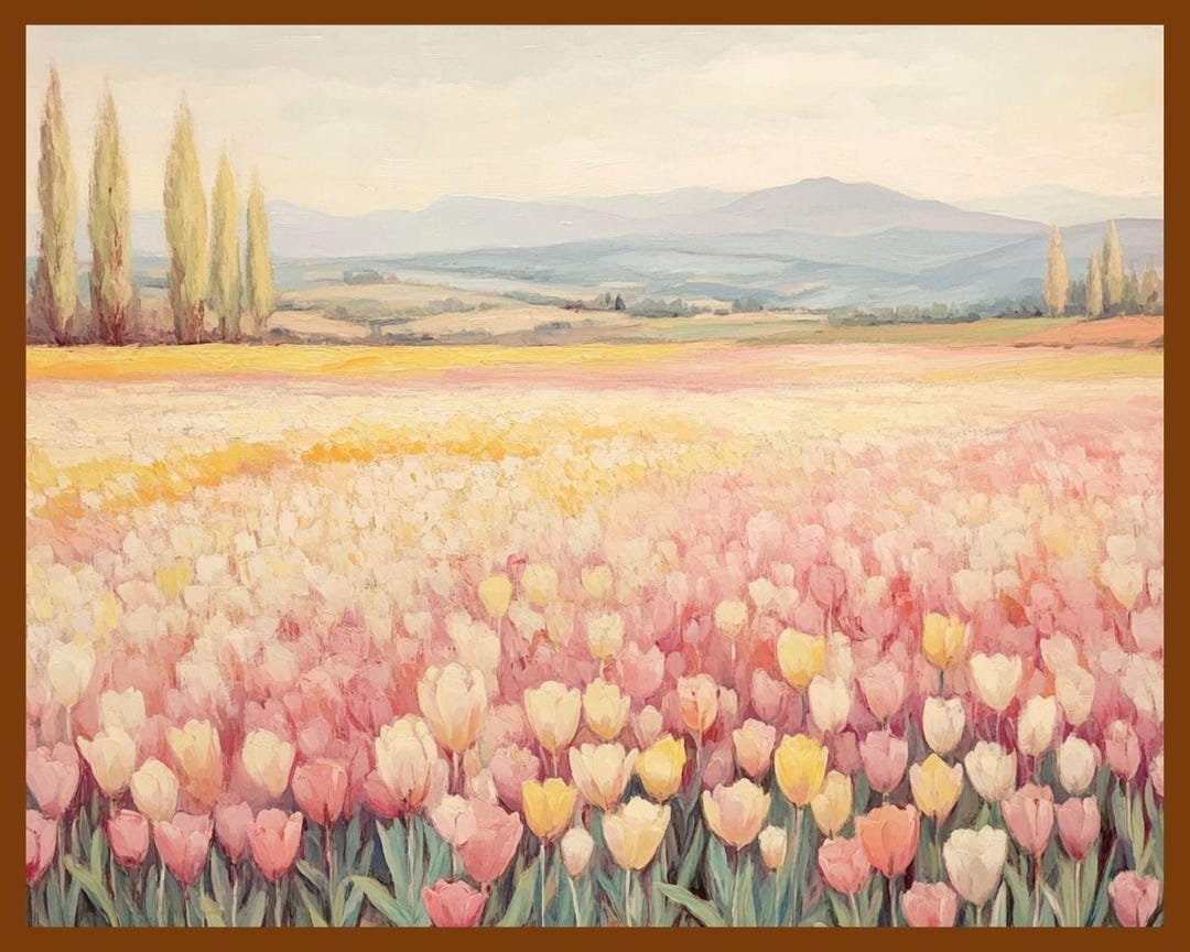 Tulip Field Landscape Print, Pastel Countryside Painting (digital ...