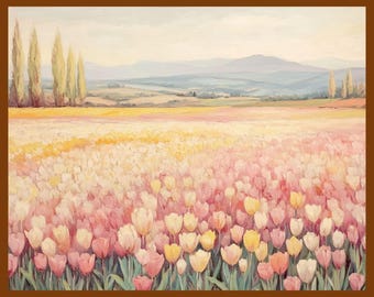 パステル画によるチューリップ畑の絵画：春の風景画（デジタル