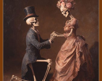 Op de afbeelding: Een artistiek schilderij toont twee skeletten in formele kleding. Eén skelet, met hoge hoed en pak, knielt in een aanzoek. Het andere skelet, met een bloemenkrans en een roze jurk, lijkt te accepteren. De achtergrond is warm bruin.