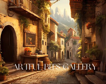 Rustic Village Painting | European Farmhouse Wall Art (Digital Download)