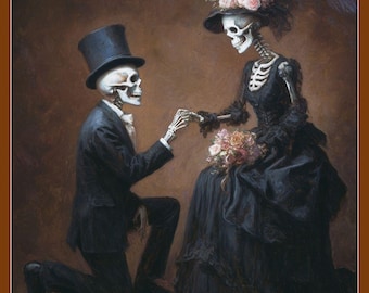 May include: An artistic depiction of a skeleton proposing to another skeleton. The male skeleton is kneeling in a black suit and top hat. The female skeleton is wearing a black dress and hat with pink roses, holding a bouquet.