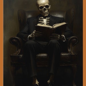 Midnight Scholar: A Gothic-Inspired Portrait of a Reading Skeleton in Dark Tones Halloween Wall Decor Monochrome Art Dark Academia Artwork