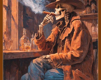 Skeleton Cowboy Print, Western Saloon Art, Spooky Skull Decor (Digital Art)