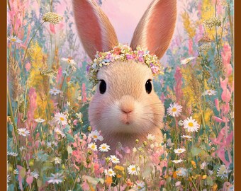 Art floral de chambre d'enfant de lapin, impression lunatique de Cottagecore (téléchargement numérique)