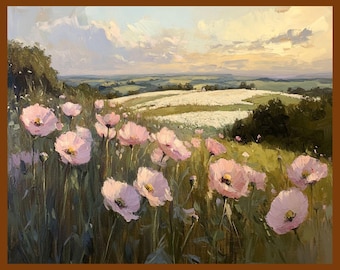 Vintage Pink Wildflower Field Print, Farmhouse Floral Landscape (Digital Download)