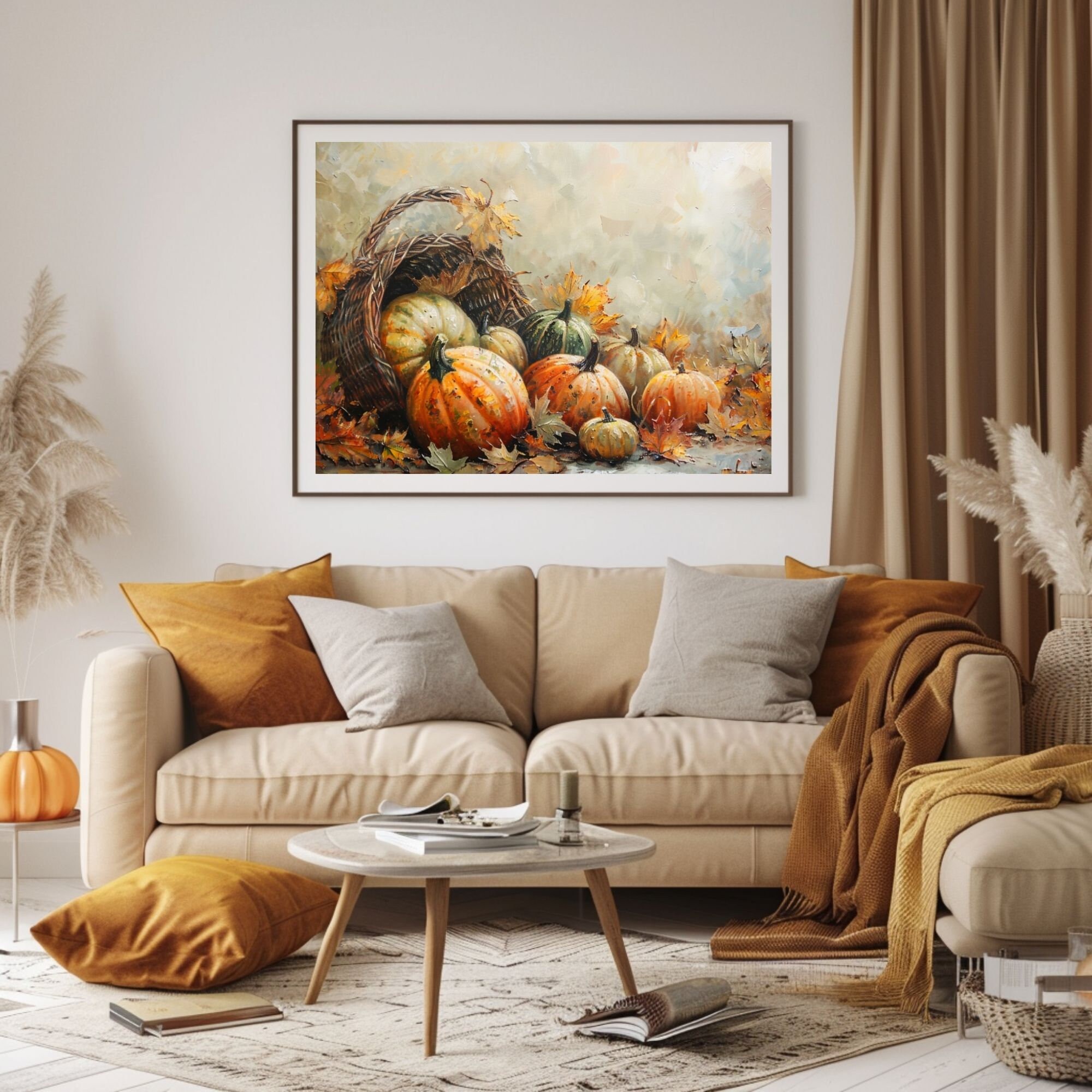 Vintage Oil Painting of Pumpkins and Gourds in Autumn - Textured Fall ...