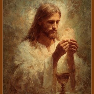 May include: An artistic depiction of a religious figure holding a wafer, with a chalice in the foreground. The figure is wearing white robes and has long brown hair and a beard. The background has a soft, textured appearance with warm, earthy tones.