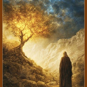 May include: A lone figure in a long robe stands on a rocky path, gazing towards a golden tree in a mountainous landscape. The sky is a mix of blue and gray, with clouds casting shadows on the scene.
