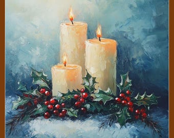 May include: An oil painting depicts three lit candles with holly and red berries. The candles are ivory-colored and have flickering flames. The holly and berries are arranged at the base of the candles against a blue background.
