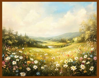 Vintage Wildflower Field Painting, Pink Spring Farmhouse Print (Digital Download)