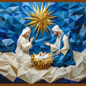 Origami kerststal kunstafdruk | Modern kerstdecor | Muurkunst heilige geboorte van Jezus | Wintervakantie wanddecoratie | Kerstdecoratie