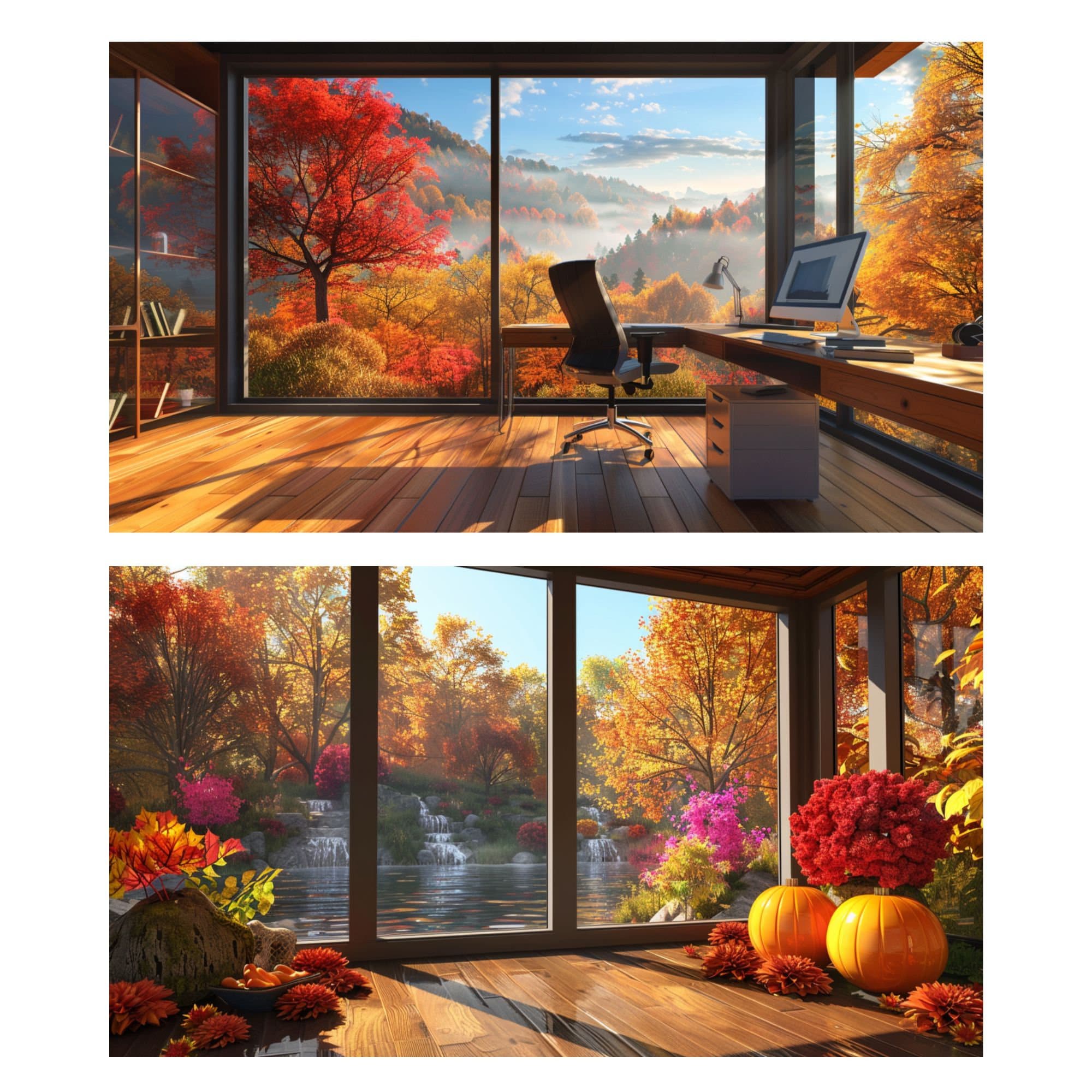 Fall Computer Room Cozy Autumn Cabin Virtual Background: Fall Foliage, Home Office ...