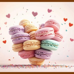 Valentijnsdag olieverfschilderij decor Valentines pastel macarons schikken in hartvorm muur kunst Valentijnsdag afdrukbaar cadeau romantische kunst aan de muur