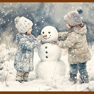 Charming Watercolor of Two Children Building a Snowman in a Winter Wonderland | Winter Wonderland Scene | Holiday Art | Christmas Wall Art
