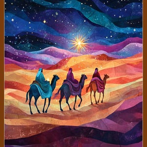 Könnte beinhalten: Drei Figuren auf Kamelen reiten durch eine Wüstenlandschaft unter einem sternenklaren Nachthimmel. Ein heller Stern leuchtet in der Ferne.