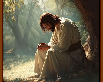 May include: A painting of a man in a white robe sitting under a tree with his head bowed in prayer. The scene is set in a forest with sunlight streaming through the trees.