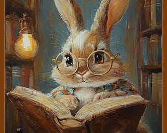 Impression d'art lapin bibliothécaire, décoration de Pâques vintage (téléchargement numérique)