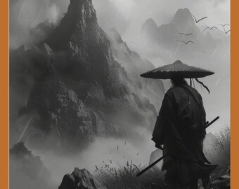 May include: A grayscale illustration of a samurai in traditional attire, including a wide-brimmed hat and a long coat, standing on a rocky path. The background features a mountainous landscape with clouds and rain, creating a dramatic and atmospheric scene.