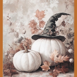 May include: A painting depicting a seasonal scene with two white pumpkins, one topped with a black witch's hat. The pumpkins are surrounded by autumnal leaves in shades of brown and orange, and vines. The background is a soft blend of neutral tones.