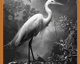 May include: A monochrome image of a white heron perched on a rock. The bird has long legs and a long beak. The background shows a misty landscape with trees and foliage, creating a tranquil and natural scene.