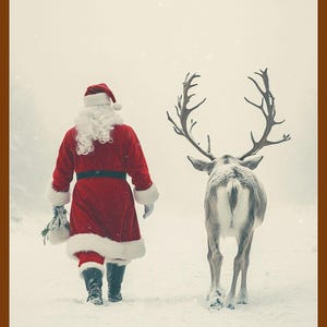 Santa Claus and Reindeer in Winter Snow | Winter Christmas Home Decor | Christmas Wall Art Print Decor | Serene Holiday Scene | Digital Art