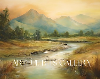 Muted Green Riverside Landscape Painting, Vintage Farmhouse Decor (Digital Download)