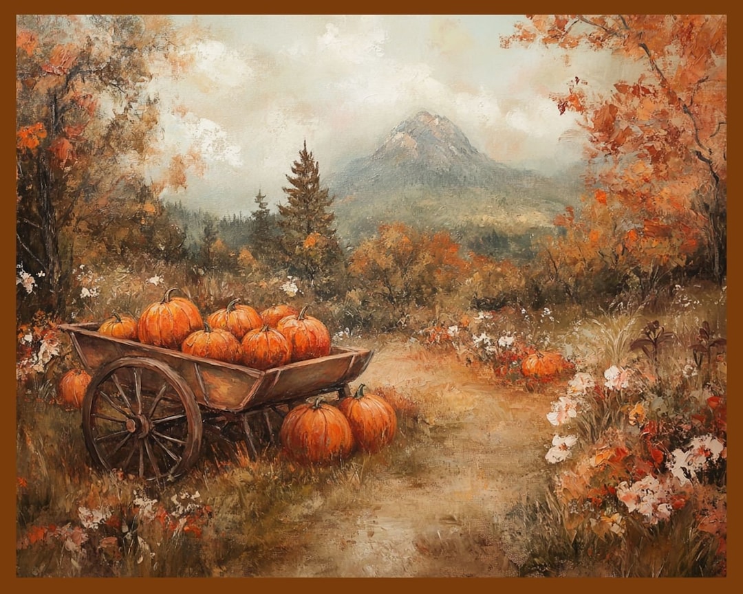Pumpkin Patch Harvest Oil Painting: Rustic Autumn Mountain Landscape ...