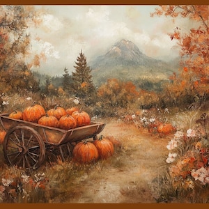 May include: An oil painting depicts a rustic autumn scene. A wooden cart overflowing with orange pumpkins sits in a field. The background features a mountain, trees, and colorful foliage, evoking a harvest theme.