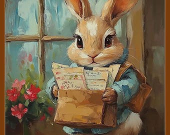 Impression d'art peinture lapin facteur, décoration de chambre d'enfant de printemps (téléchargement numérique)
