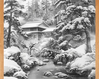 May include: Black and white print of a Japanese winter landscape. A traditional building is nestled among snow-covered trees and rocks, with a small bridge over a stream. The artwork is framed in a light brown wooden frame.