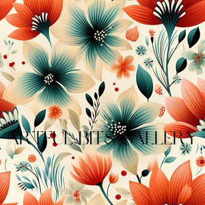 Pode incluir: Um padrão floral repetido com grandes flores estilizadas em tons de laranja, verde-azulado e creme. O design inclui pétalas detalhadas, folhas e pequenos detalhes florais, criando uma composição vibrante e artística. O texto "ARTFUL BITS GALLERY" é visível.