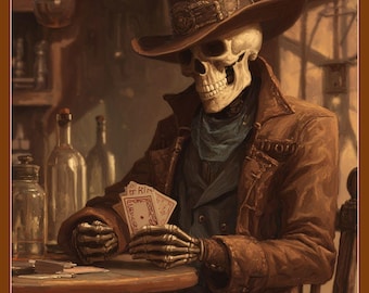 Skeleton Cowboy Poker Print, Dark Western Saloon Art (Digital Art)